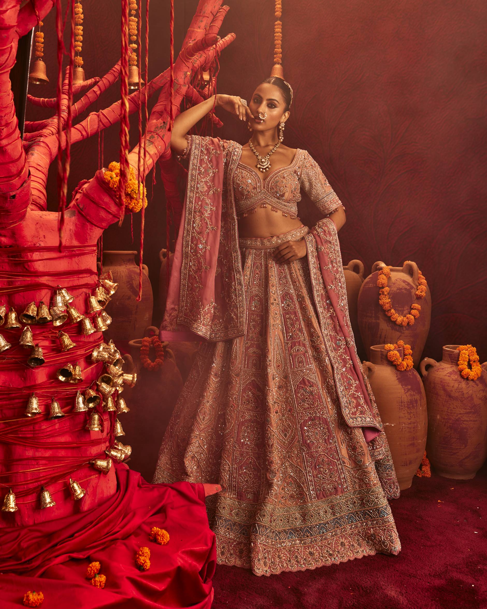 Coral Raw Silk Lehenga